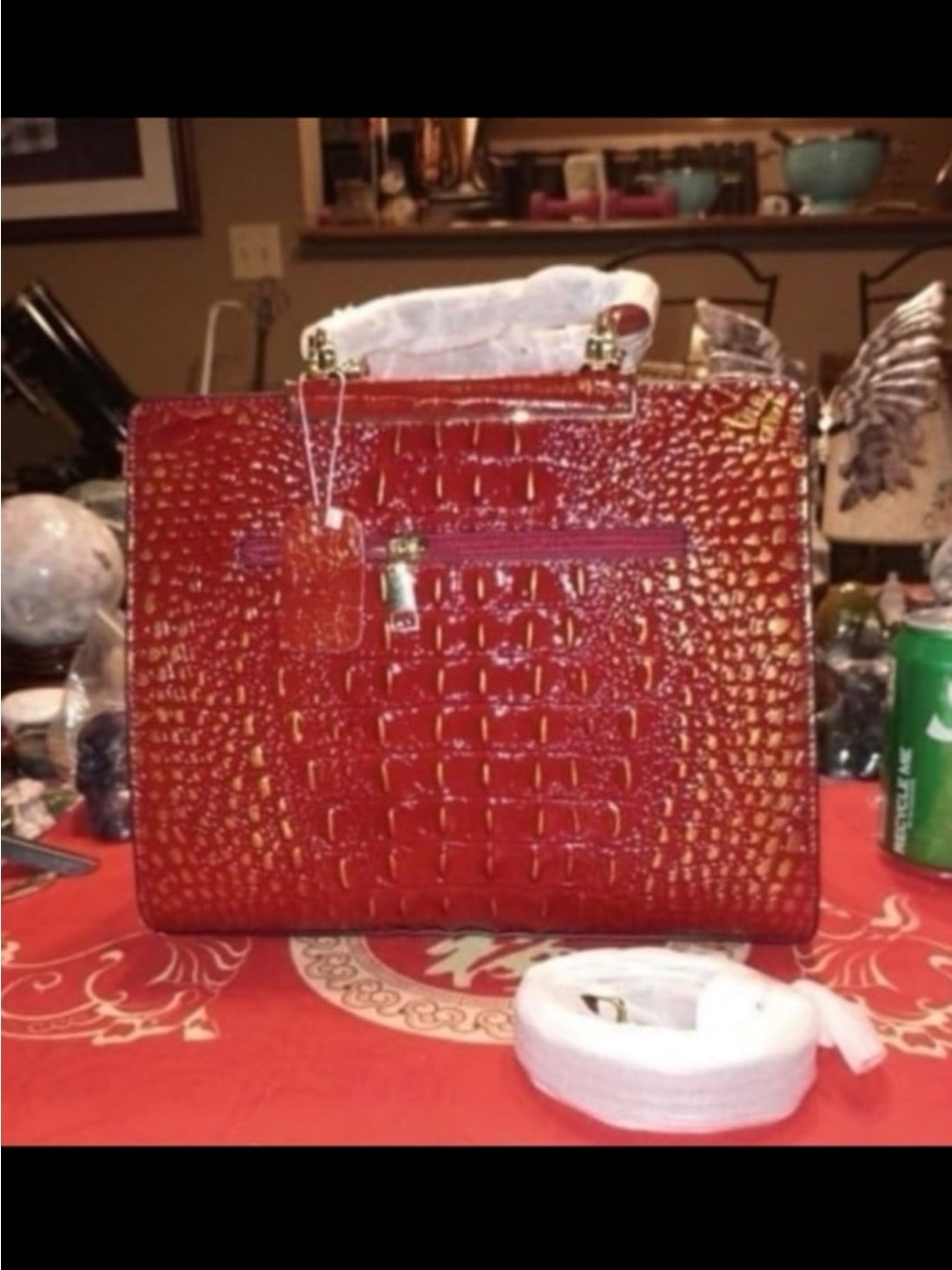 Red Croc-Embossed Structured Satchel Bag